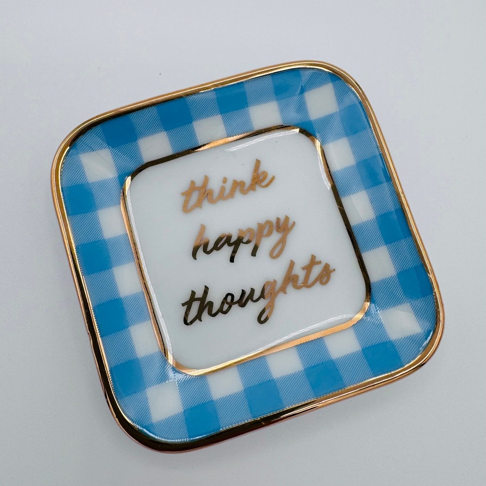 Draper James Trinket Tray Dish‎ Ring Holder "Think Happy Thoughts" Blue Gingham